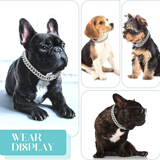 Silver Dog Chain Collar Diamond Cuban Link Dog Collar 13Mm Wide Dog Necklace Metal Cat Chain Pet Crystal Collar Jewelry Accessories for Small Medium Large Dogs Cats(16Inch)